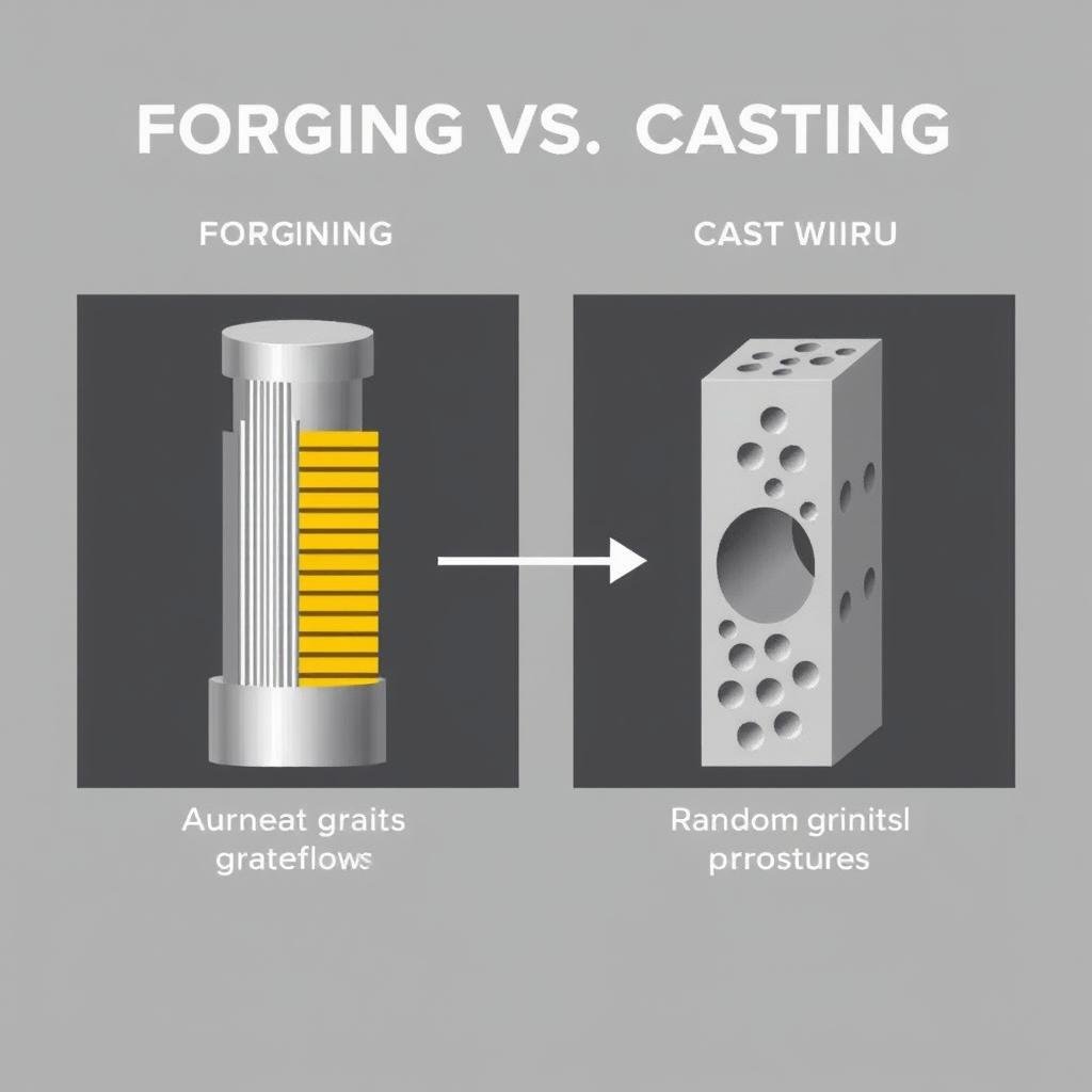 Comparison of aluminum forging process versus casting showing grain structure differences