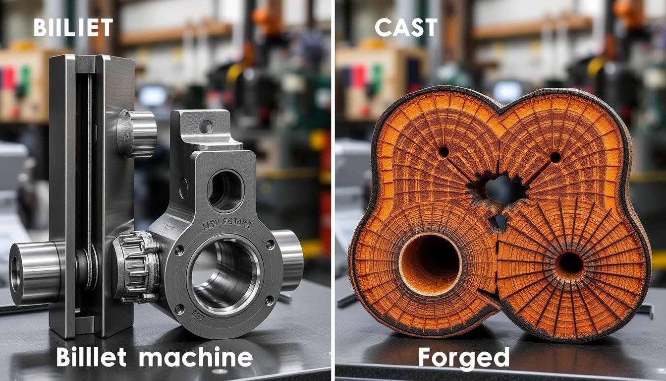 Comparison of billet machined, cast, and forged components showing structural differences Comparison of billet machined, cast, and forged components showing structural differences