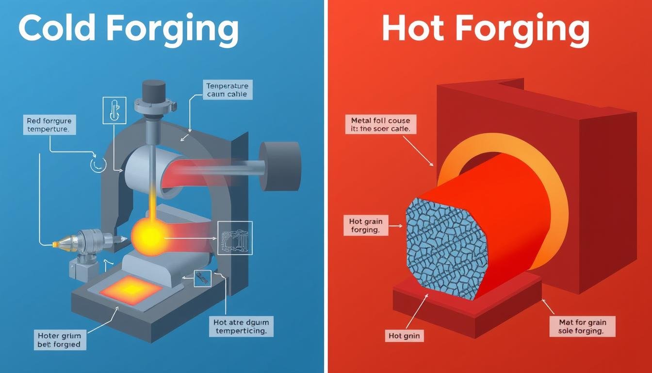 Comparison of cold forging and hot forging processes showing temperature differences and resulting metal structures