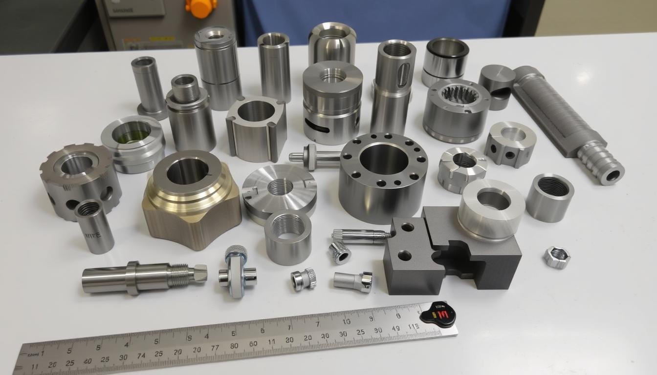 Comparison of different billet machined parts showing precision and complexity