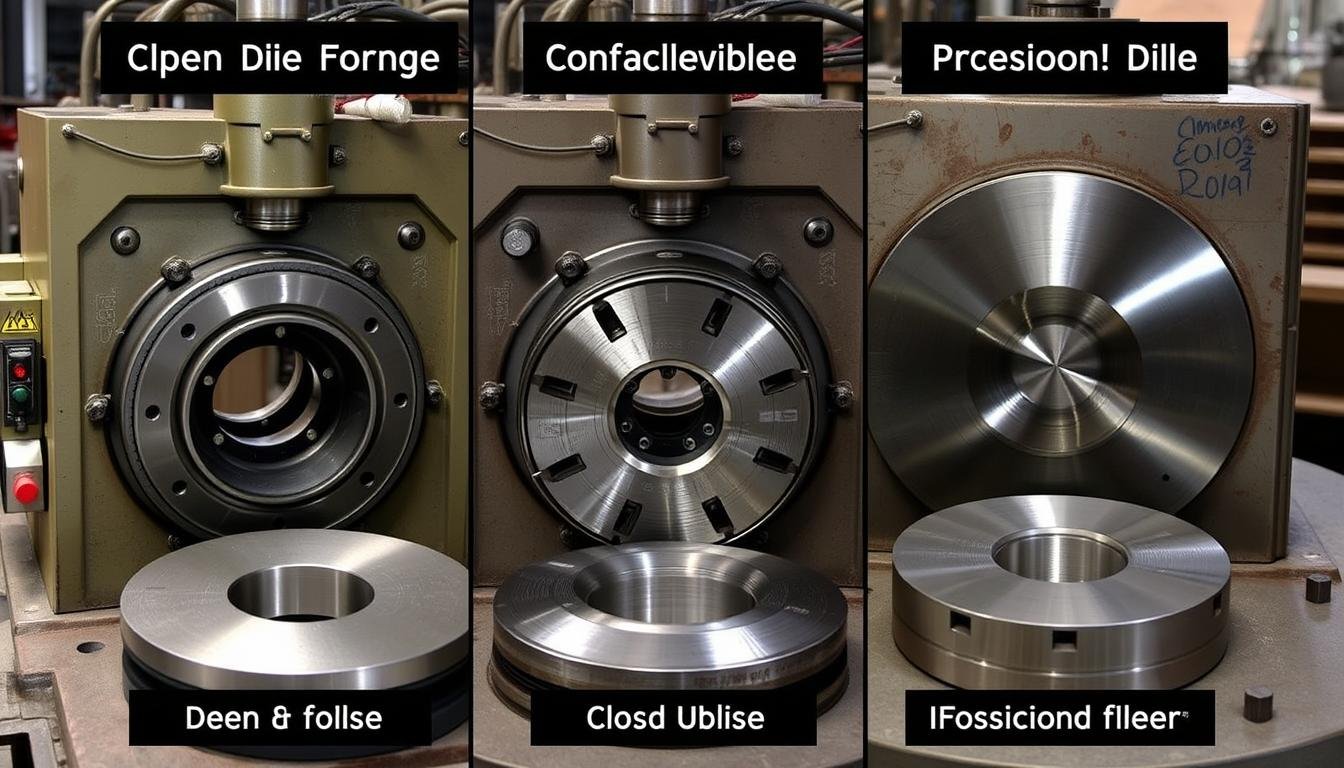 Comparison of different forging processes showing open die, closed die, and impression die forging techniques