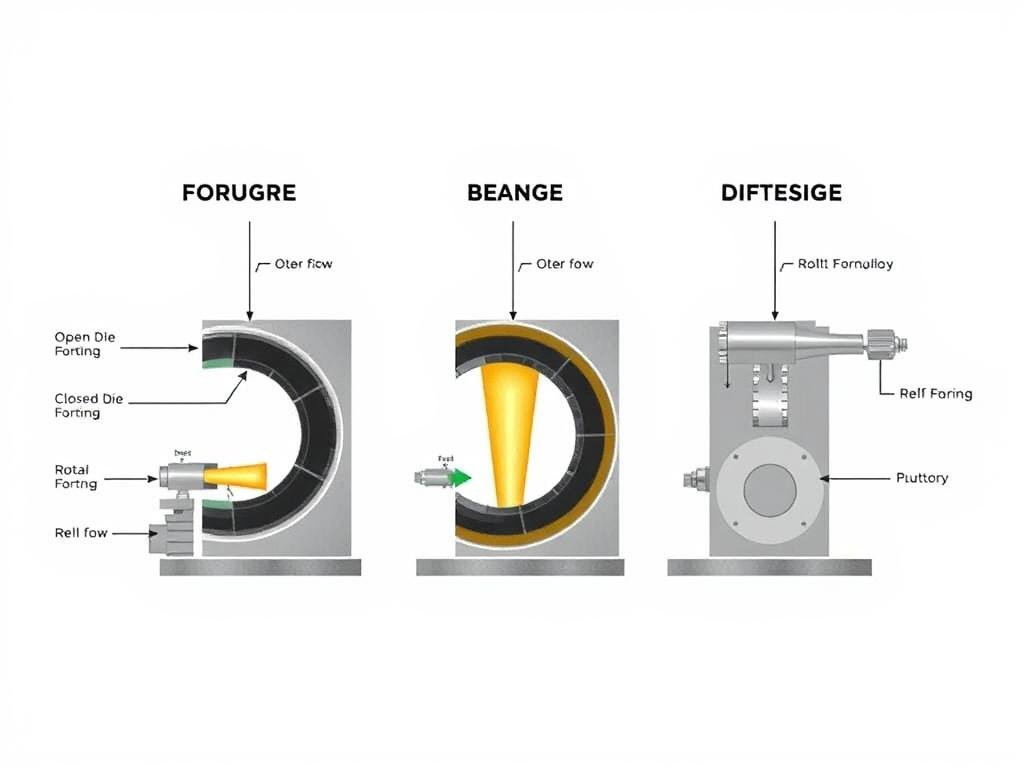 Comparison of different metal forging methods showing open die, closed die, and roll forging processes