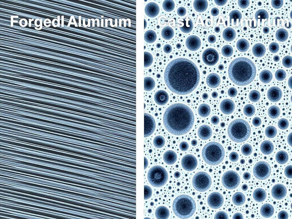 Comparison of forged aluminum and cast aluminum microstructures showing grain alignment differences