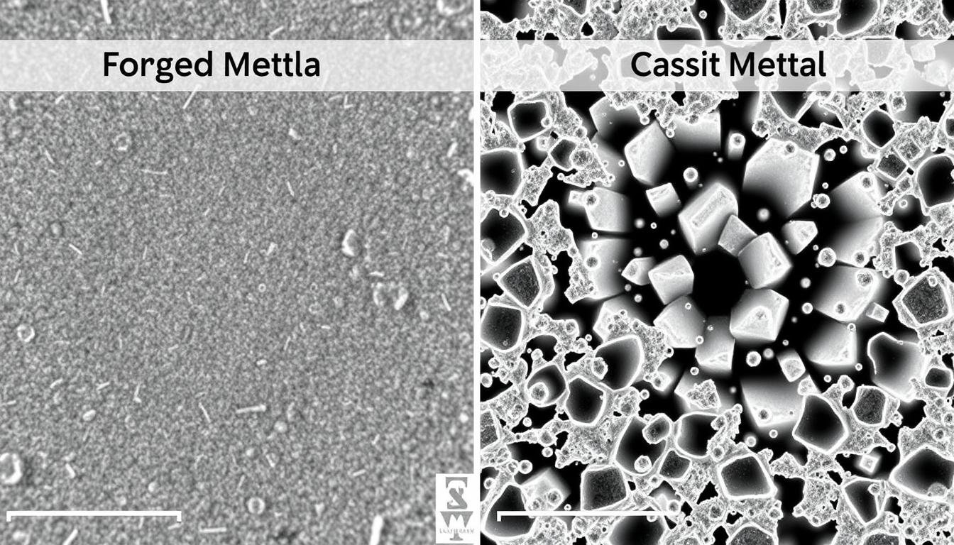Comparison of forged metal grain structure versus cast metal showing superior strength
