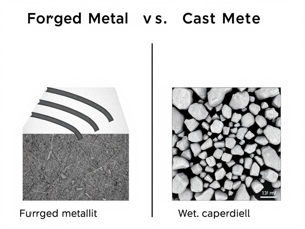 Comparison of forged metal structure versus cast metal showing grain flow patterns