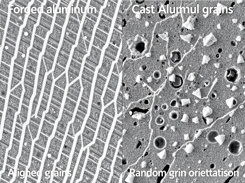 Comparison of forged vs cast aluminum microstructure showing grain alignment