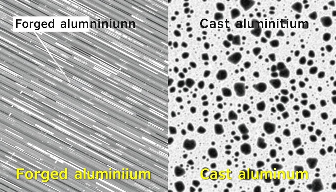 Comparison of forged vs cast aluminum microstructure showing grain alignment Comparison of forged vs cast aluminum microstructure showing grain alignment