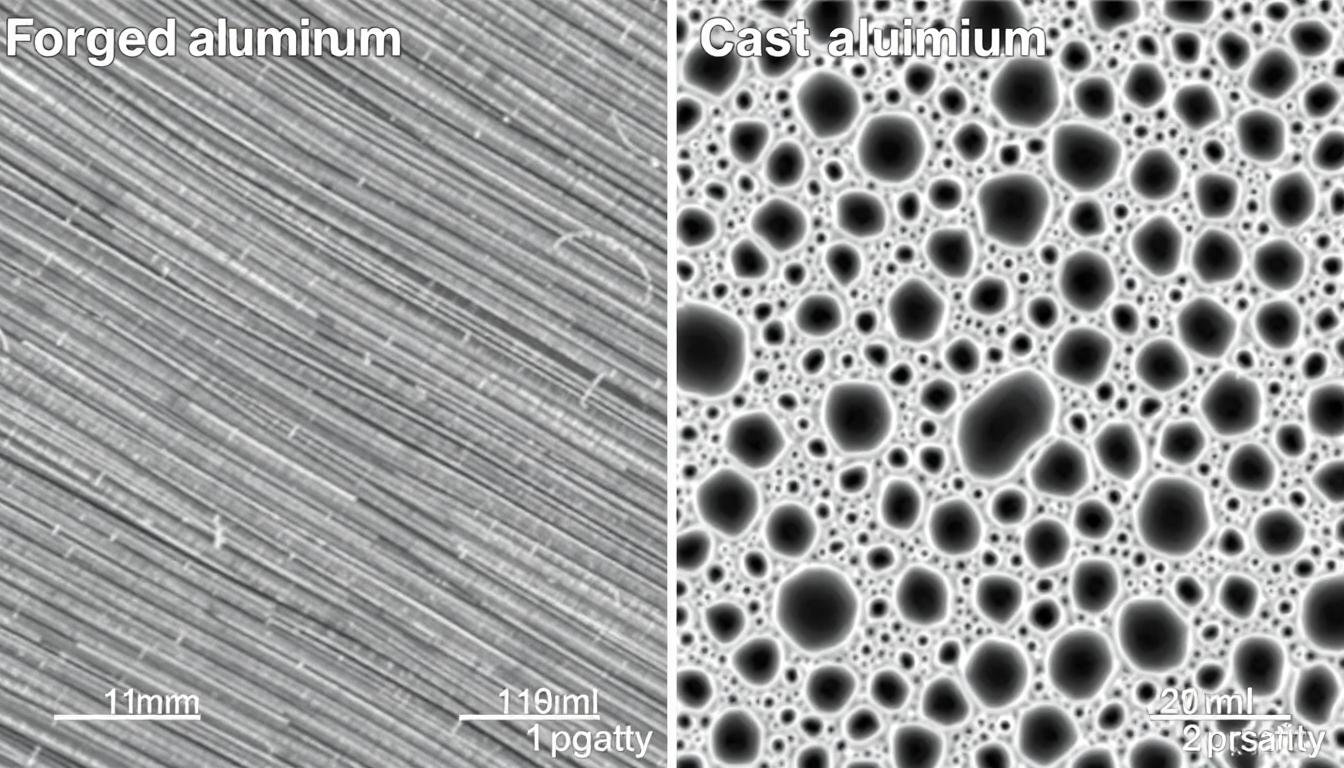 Comparison of forged vs cast aluminum microstructure showing grain flow advantages