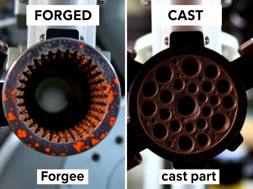 Comparison of forged vs cast metal components showing structural differences