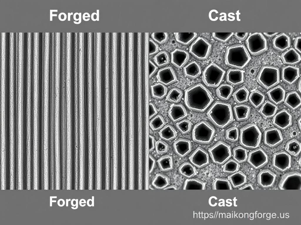 Comparison of forged vs cast metal microstructure showing grain alignment