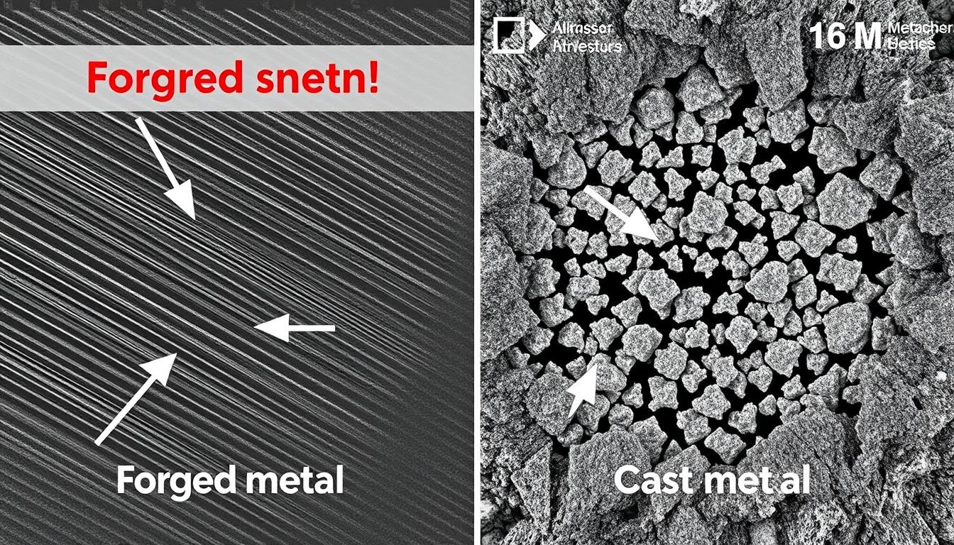 Comparison of forged vs cast metal microstructure showing superior grain alignment in forged parts Comparison of forged vs cast metal microstructure showing superior grain alignment in forged parts