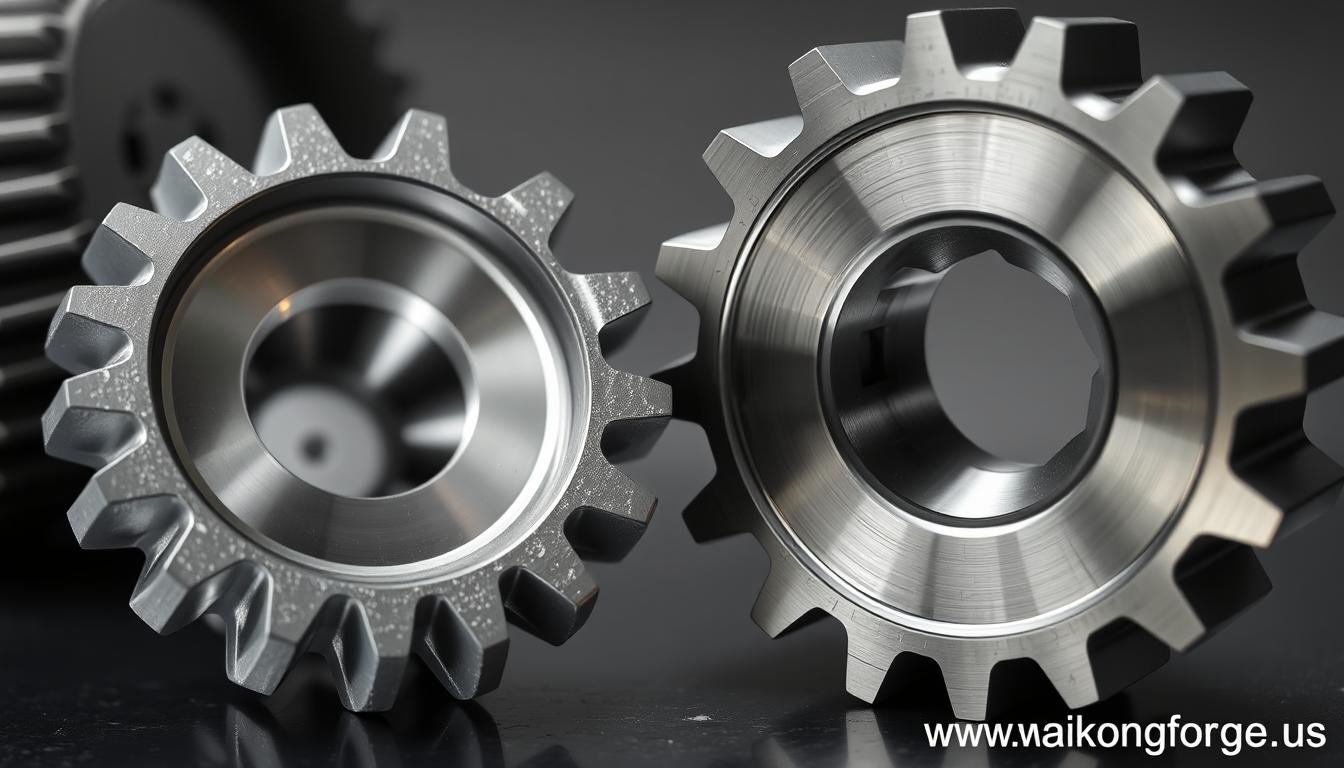 Comparison of gear forged aluminum vs machined steel material properties showing grain structure differences