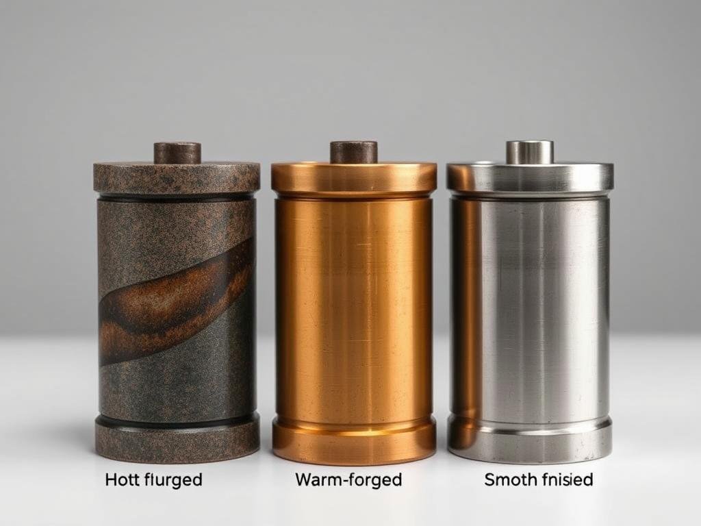 Comparison of hot, warm, and cold forged metal parts showing different surface finishes