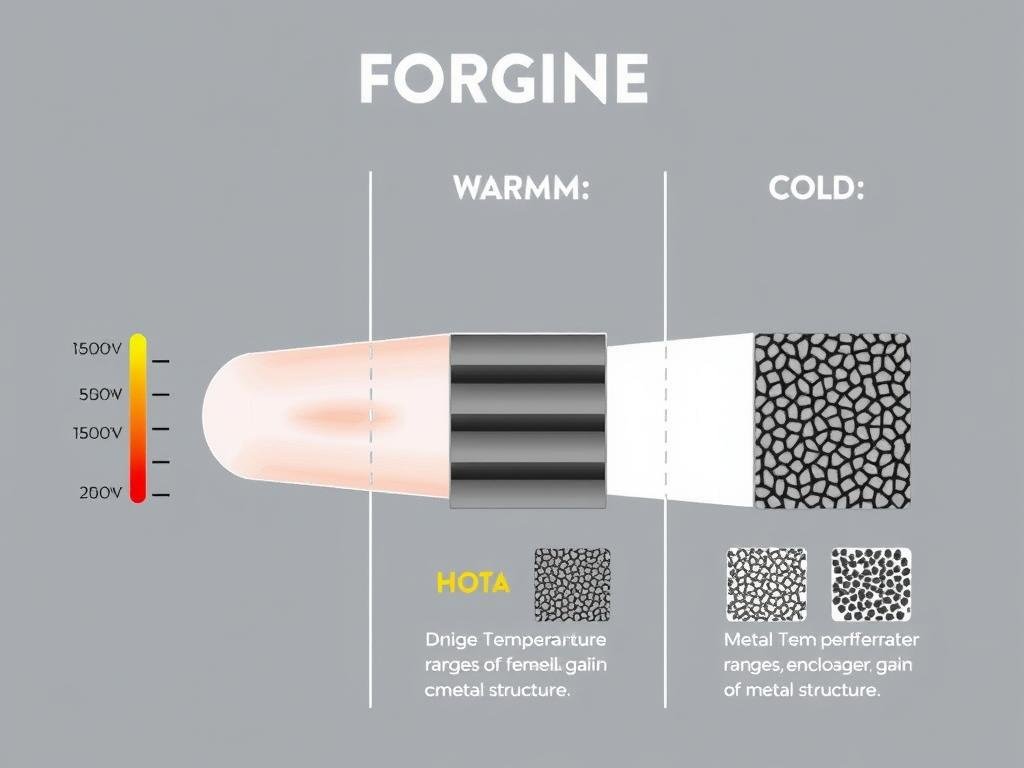 Comparison of hot, warm, and cold forging procedures showing different temperature ranges and resulting metal structures