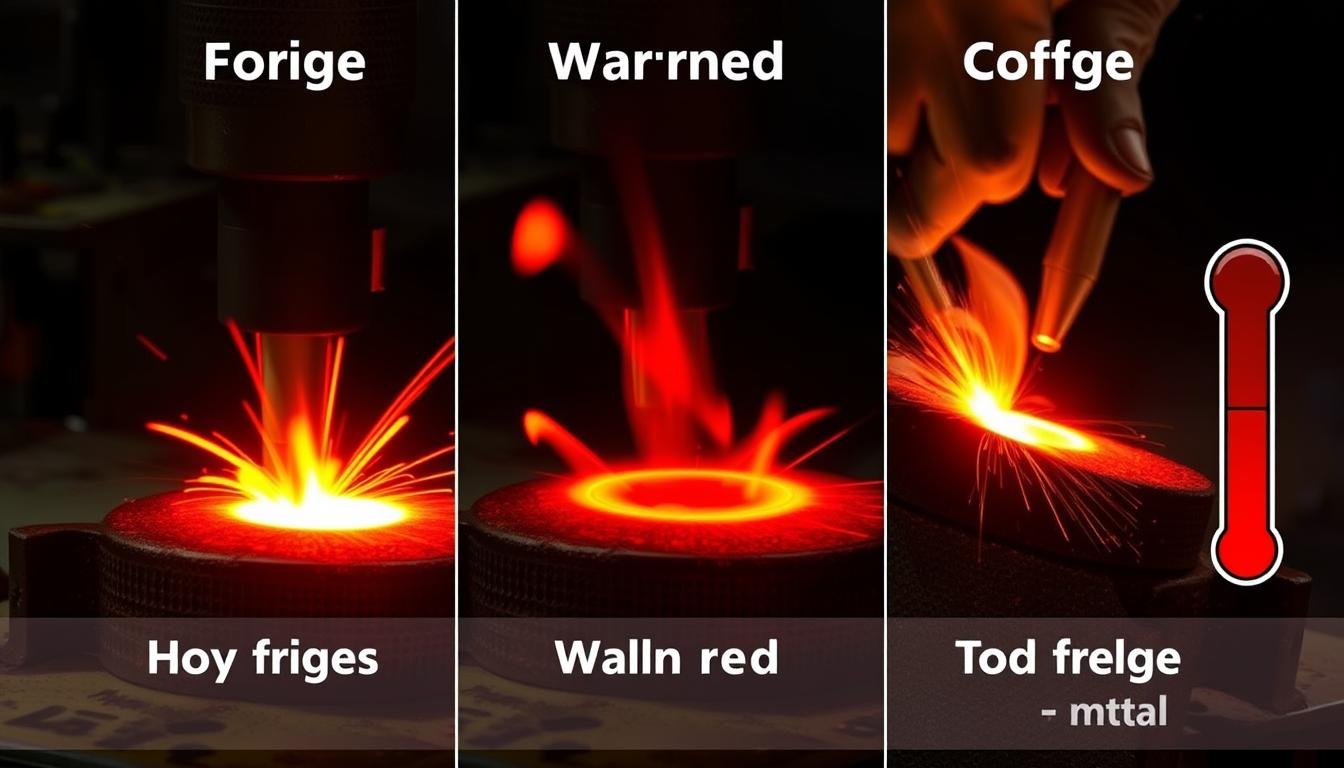 Comparison of hot, warm, and cold forging procedures showing different temperature ranges