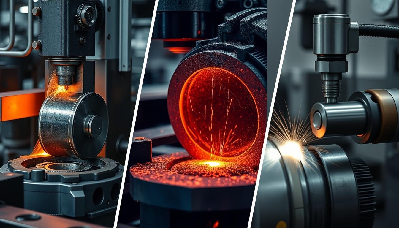 Comparison of manufacturing methods showing forging, casting, and machining processes