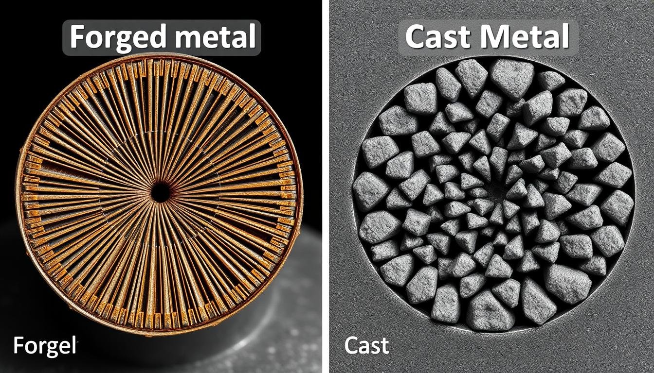Comparison of metal forged vs cast components showing grain structure differences