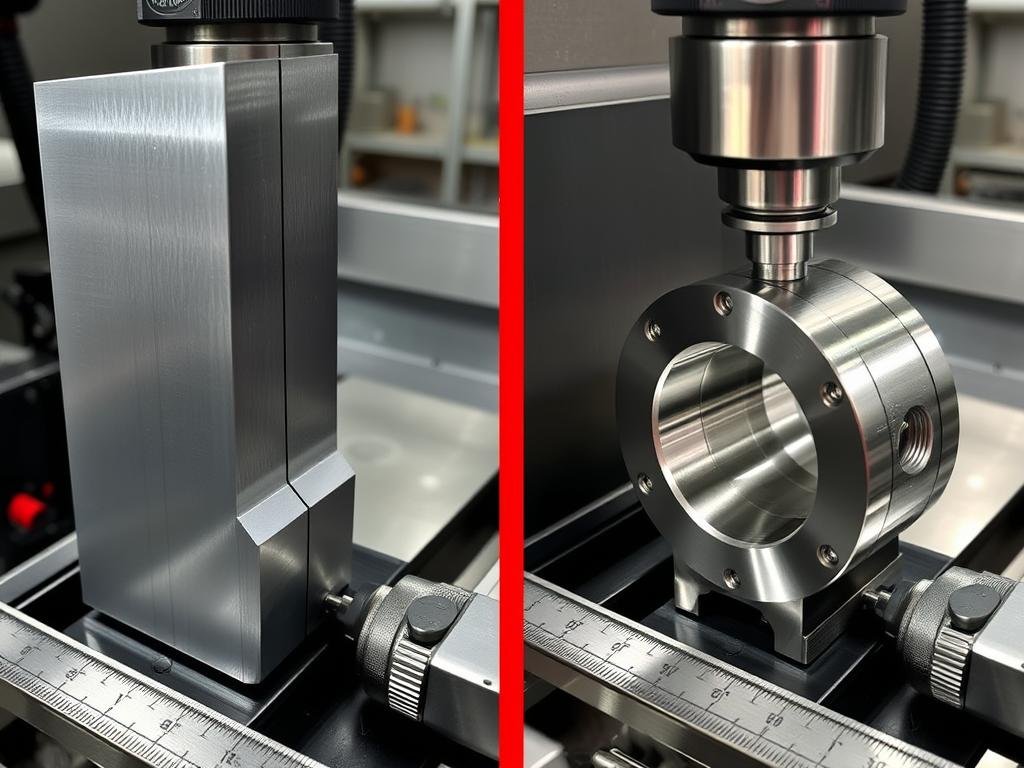 Comparison of raw billet material before and after precision machining process Comparison of raw billet material before and after precision machining process