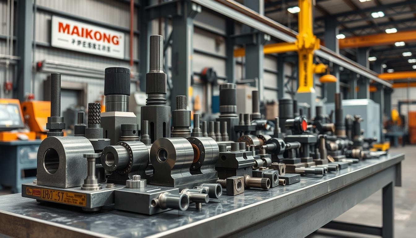 Complete forge tooling system with dies, punches, and bolsters arranged on a workbench