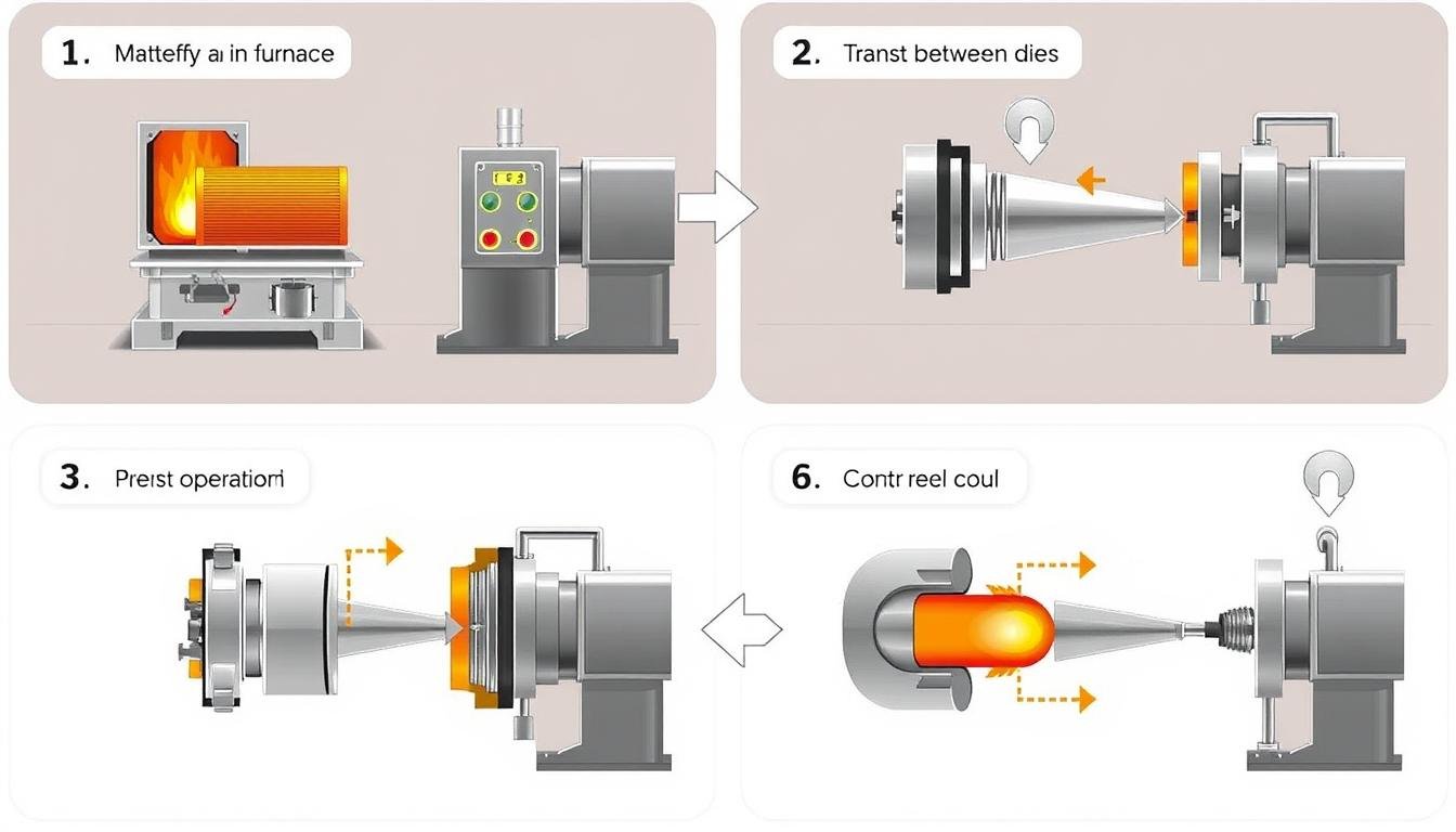Complete forging press operation cycle showing material heating, positioning, forging, and cooling