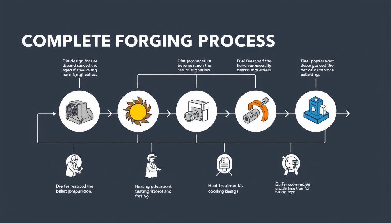 Complete forging process workflow showing all steps from design to finishing Complete forging process workflow showing all steps from design to finishing