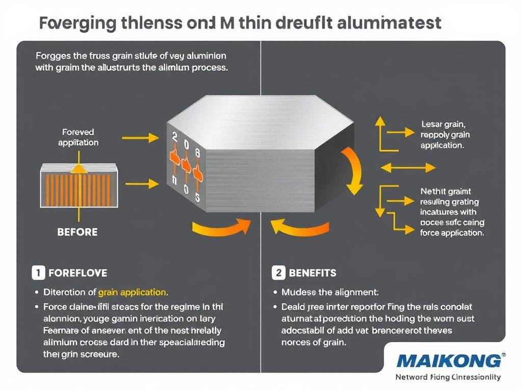 Diagram showing how the forging process aligns the grain structure of aluminum for improved strength