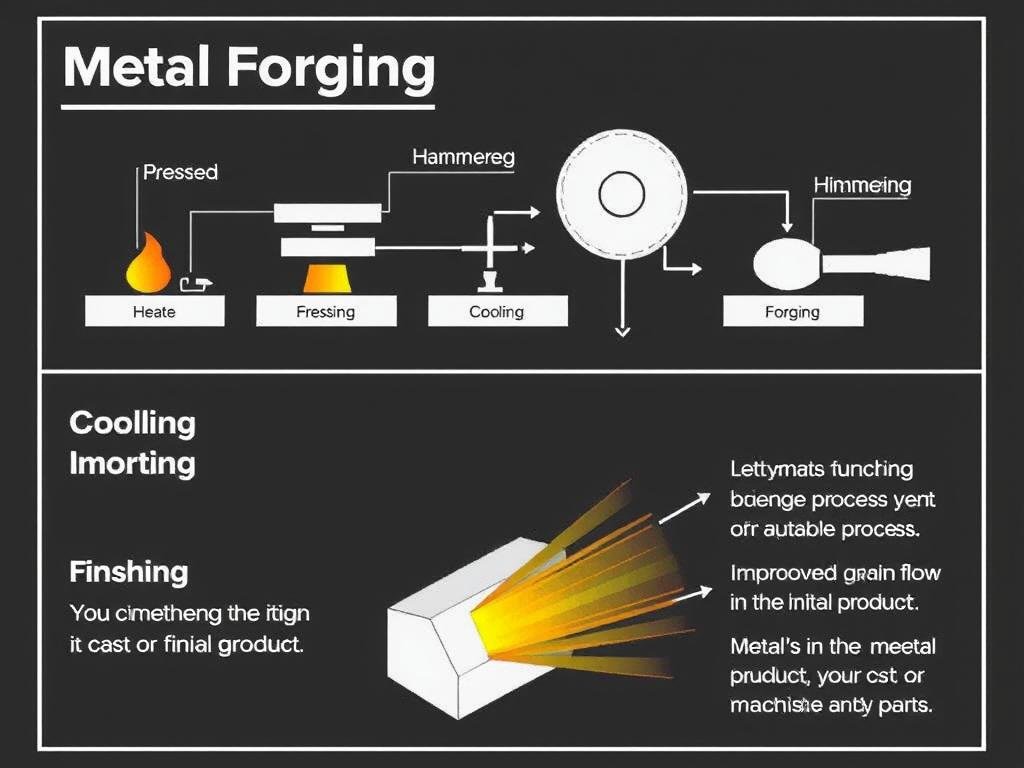 Diagram showing the forging procedure steps including heating, pressing, and cooling with grain flow visualization