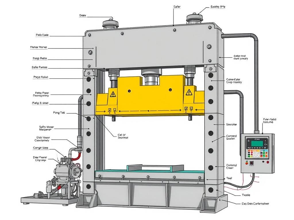 Diagram showing the main components of a hydraulic forging press with labeled parts