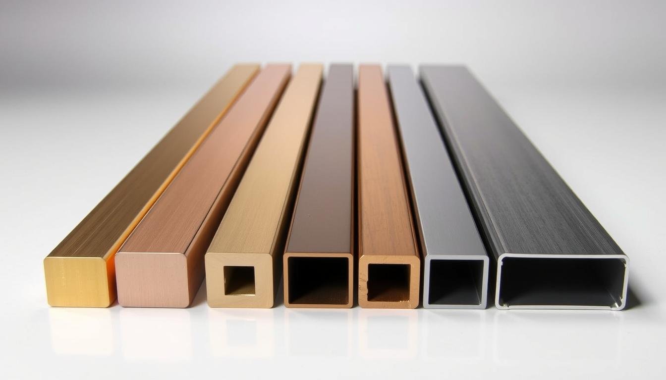 Different surface finishes applied to extruded brass components showing polished, anodized, and plated samples
