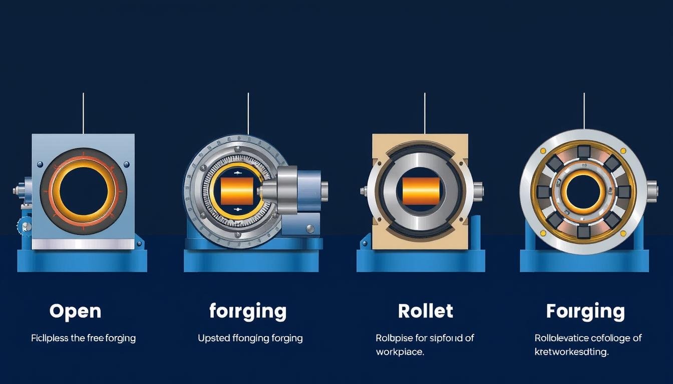 Different types of aluminum forging processes showing open-die, closed-die, upset, and roll forging