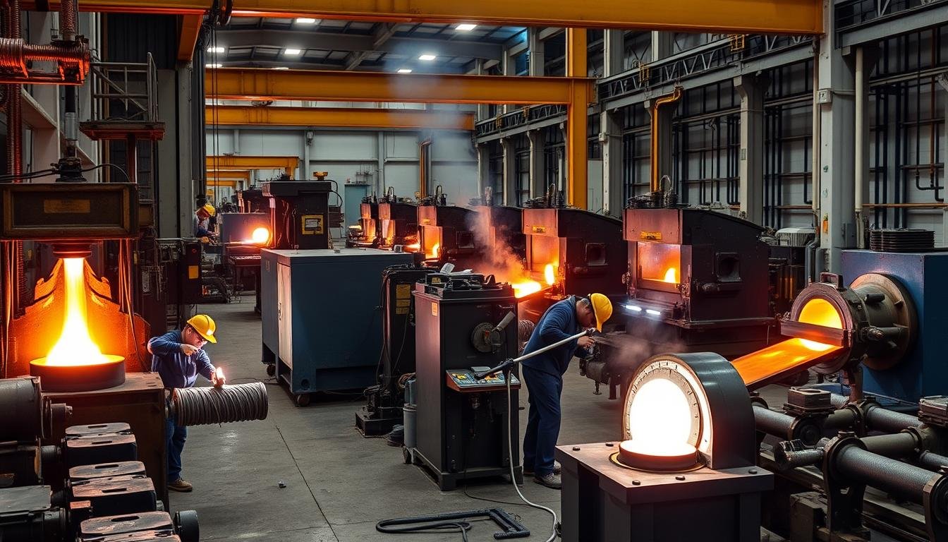 Different types of forging methods being performed in a manufacturing facility