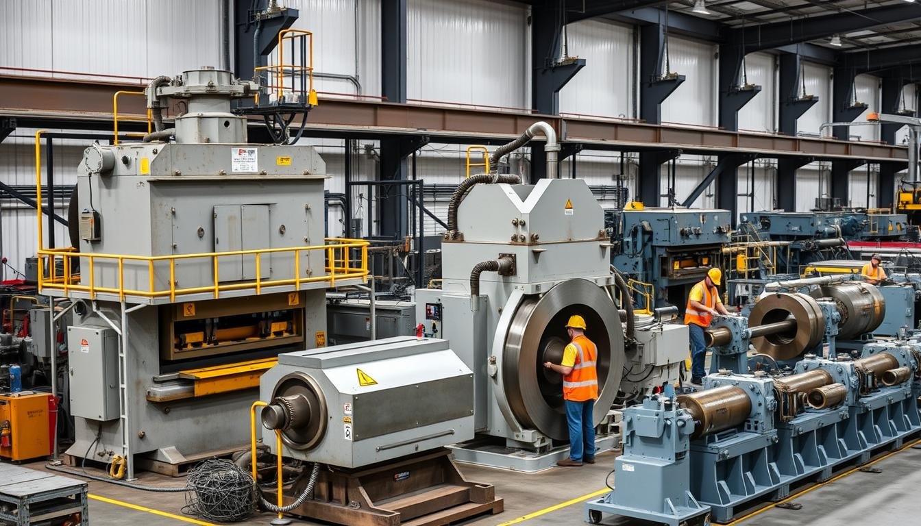 Different types of steel forging equipment in a modern facility