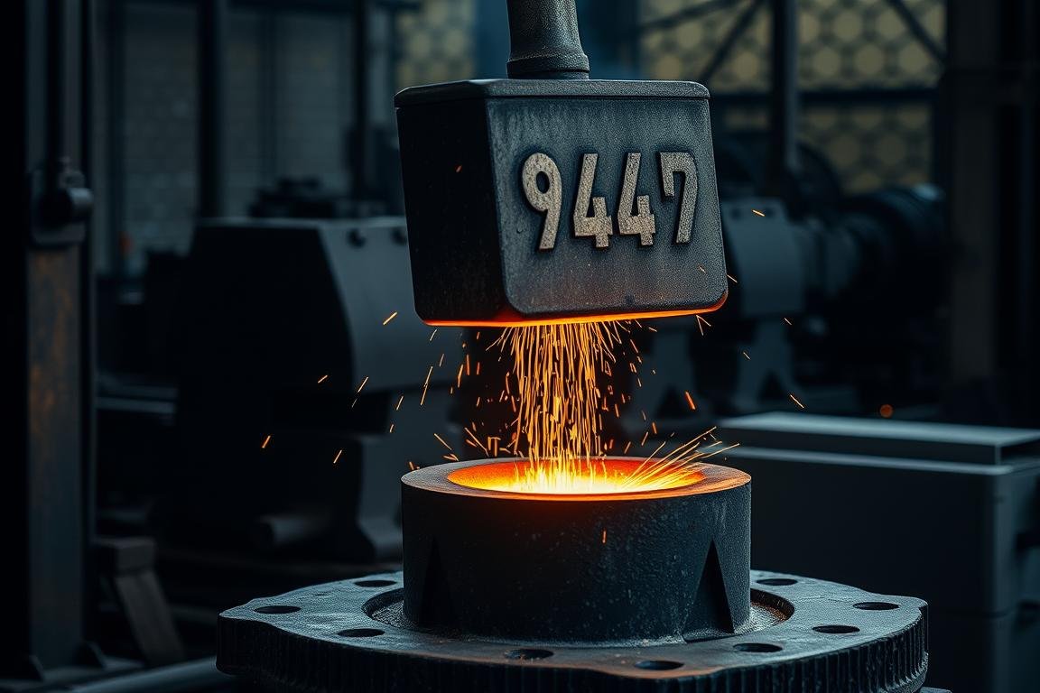 Drop forge steel process showing hammer and die setup for creating drop forged steel components