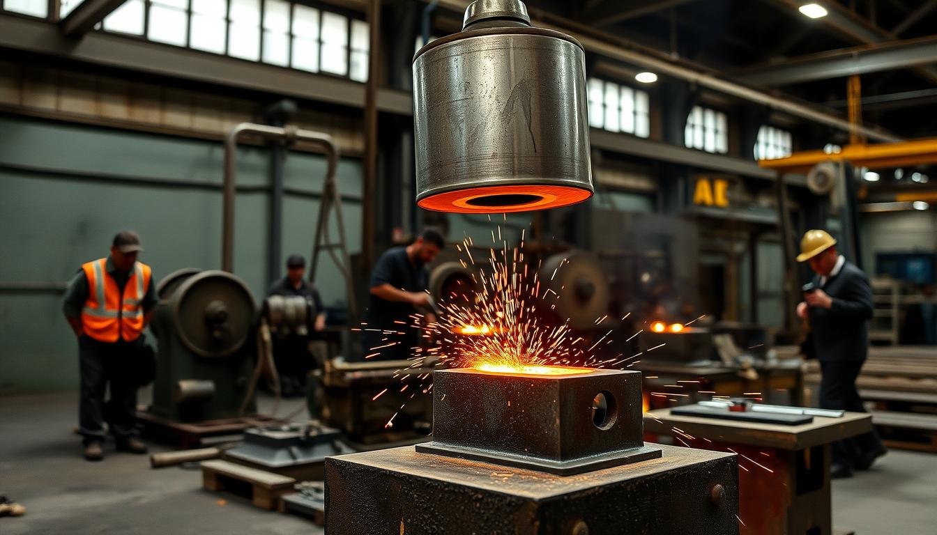 Drop forging operation showing hammer descending onto heated metal workpiece Drop forging operation showing hammer descending onto heated metal workpiece