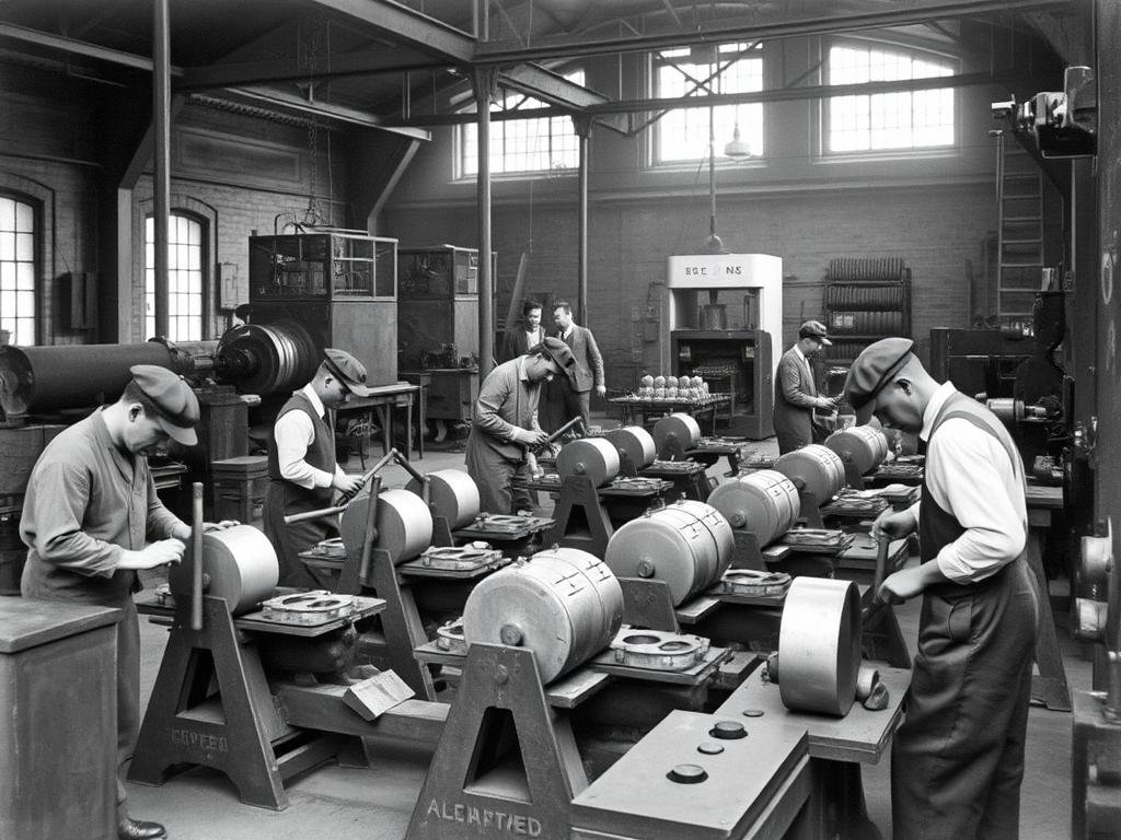 Early aluminum forging workshop in the United States showing the evolution of forging techniques in the History of Aluminum Forging