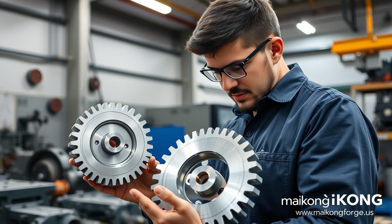 Engineer analyzing gear forged aluminum vs machined steel samples at MAIKONG facility