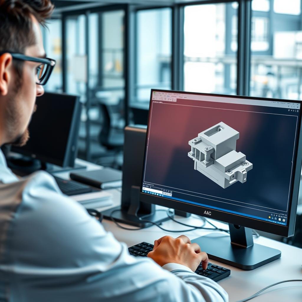 Engineer designing aluminum part using CAD software Engineer designing aluminum part using CAD software