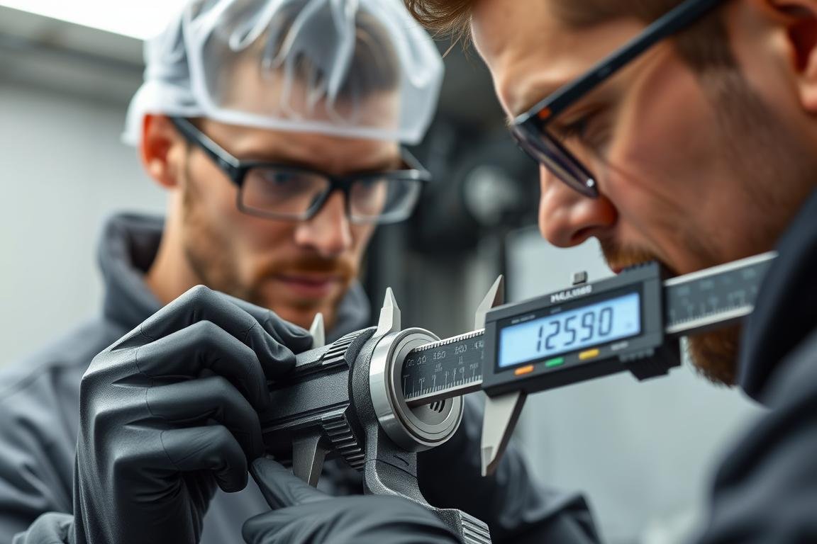 Engineer measuring a precisely machined billet part with digital calipers
