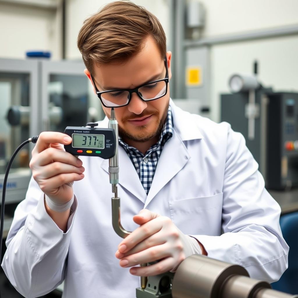 Engineer measuring billet machined part with precision instruments