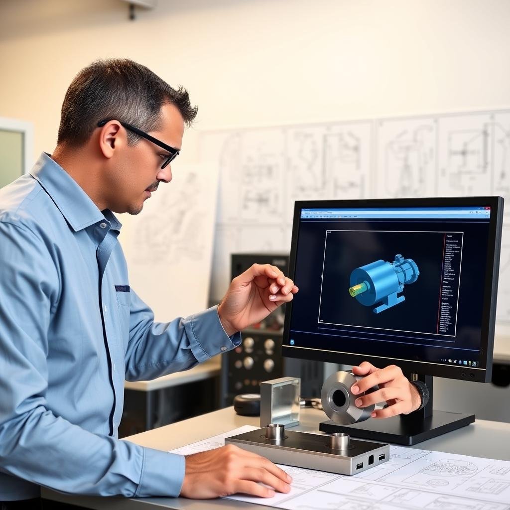 Engineer reviewing CAD model alongside machined prototype
