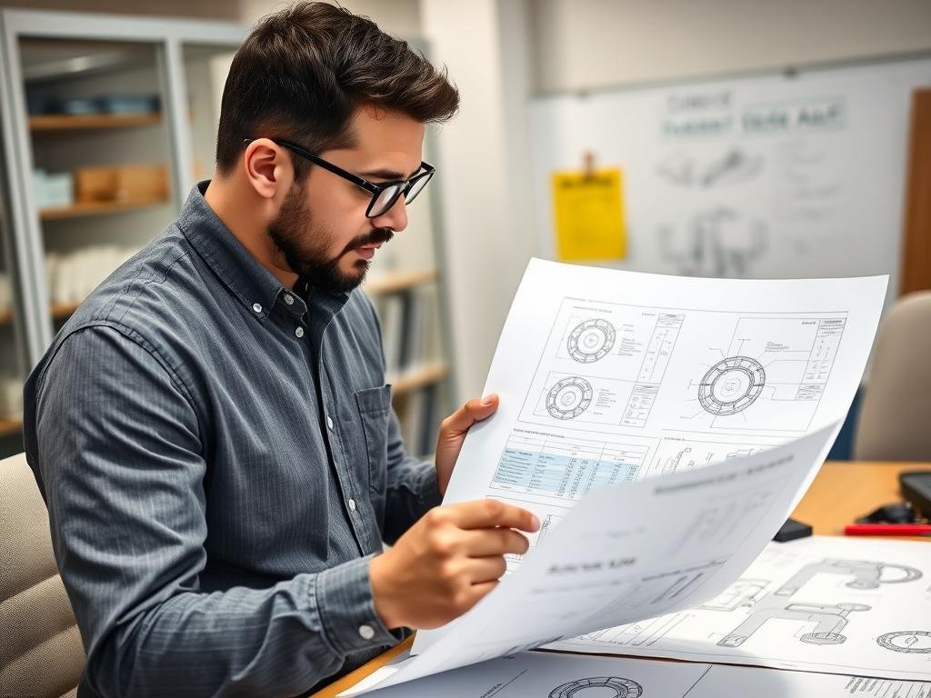 Engineer reviewing forging specifications and technical drawings