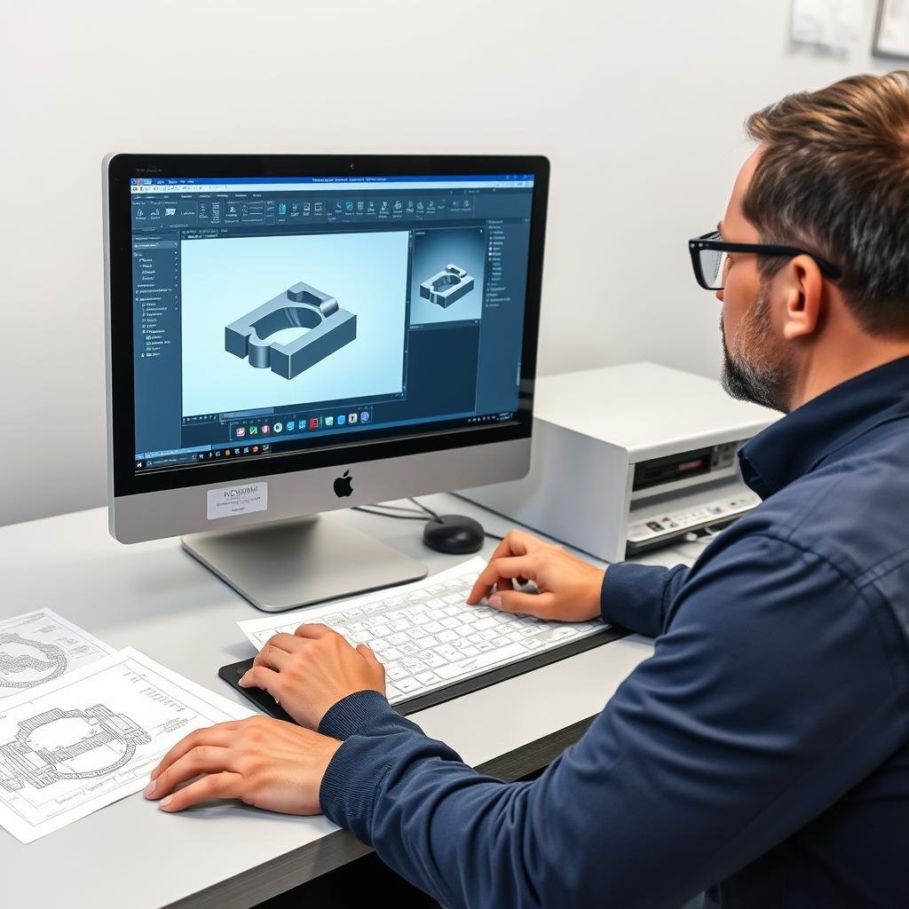 Engineer using CAD/CAM software to design aluminum forging components