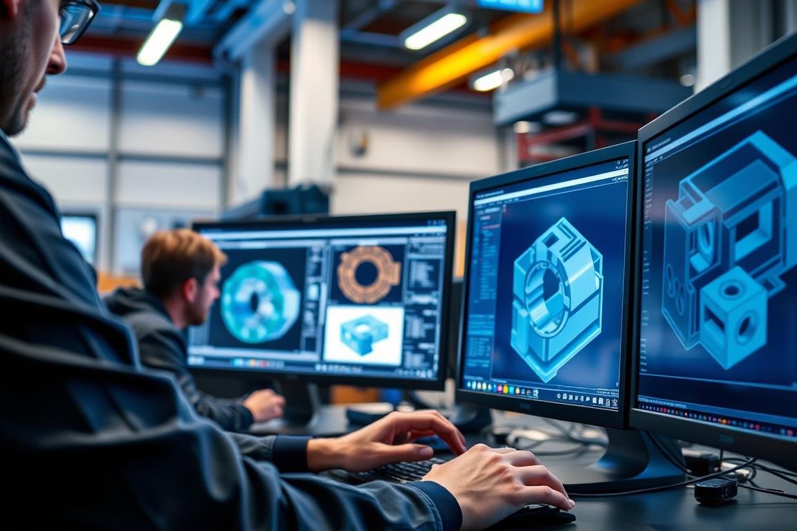 Engineers designing forging dies using CAD software