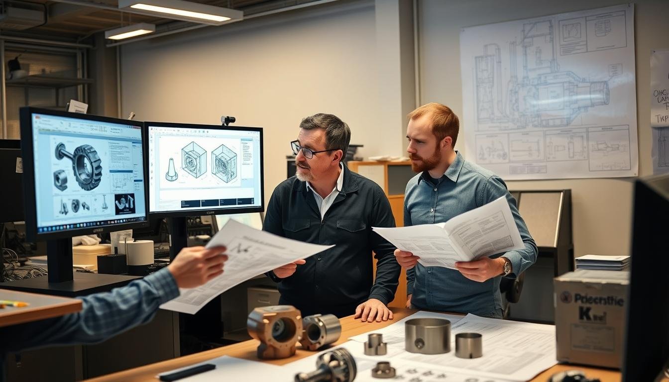Engineers examining forge tooling designs for aluminum forging application Engineers examining forge tooling designs for aluminum forging application