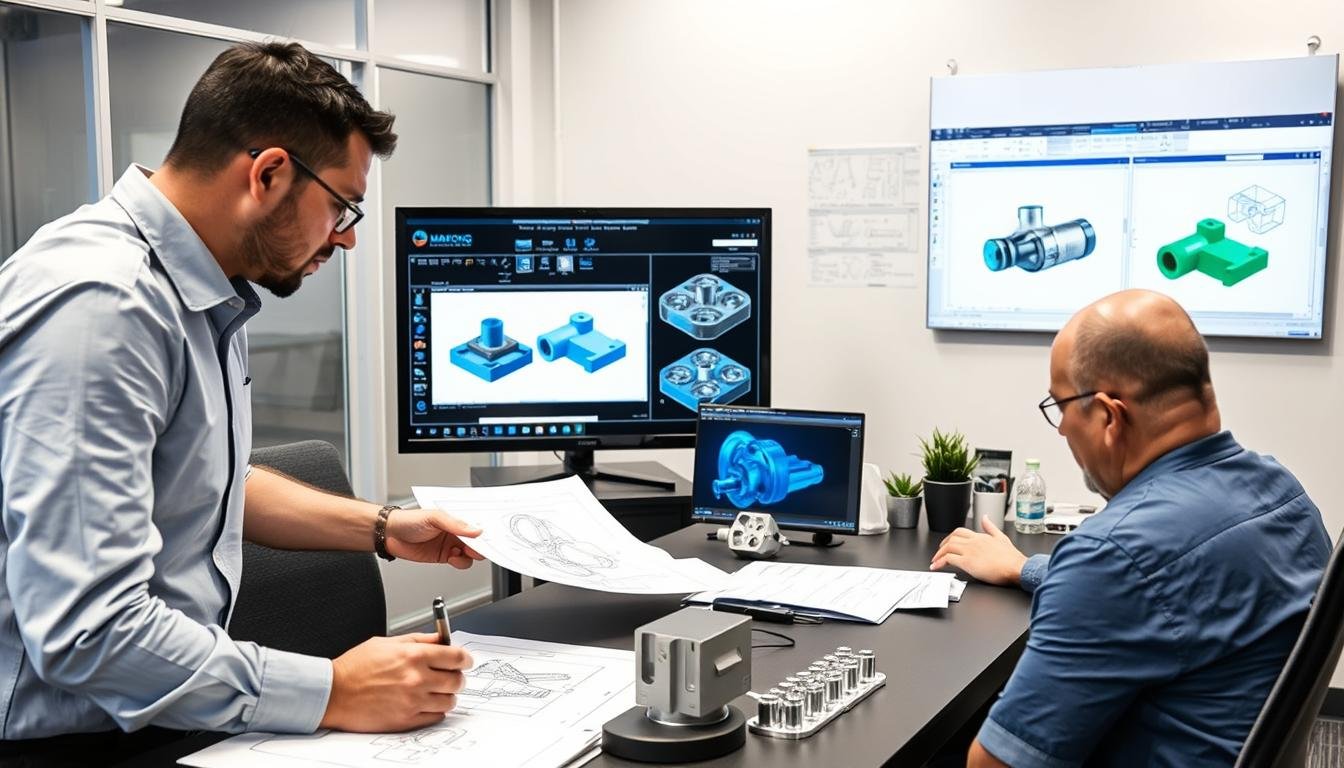 Engineers reviewing custom aluminum forging designs with a client