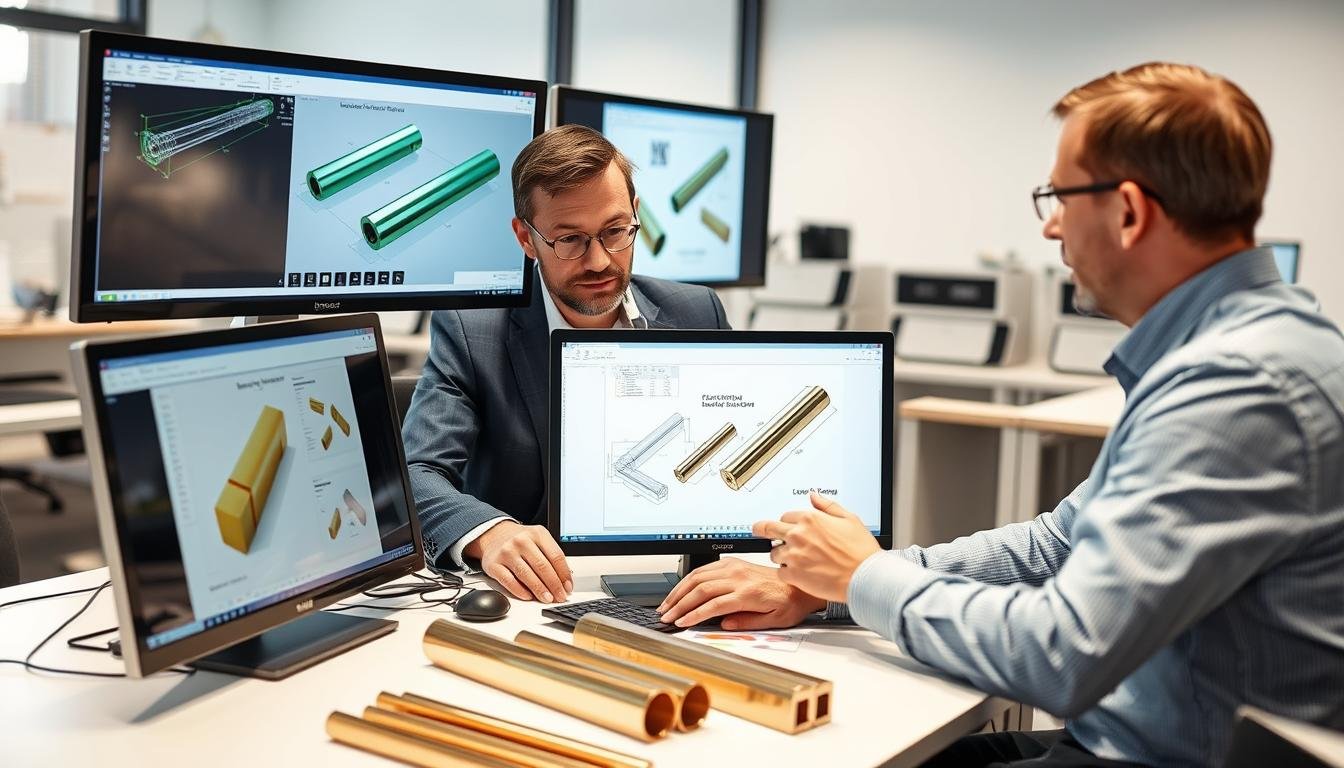 Engineers reviewing custom brass extrusion designs with a client