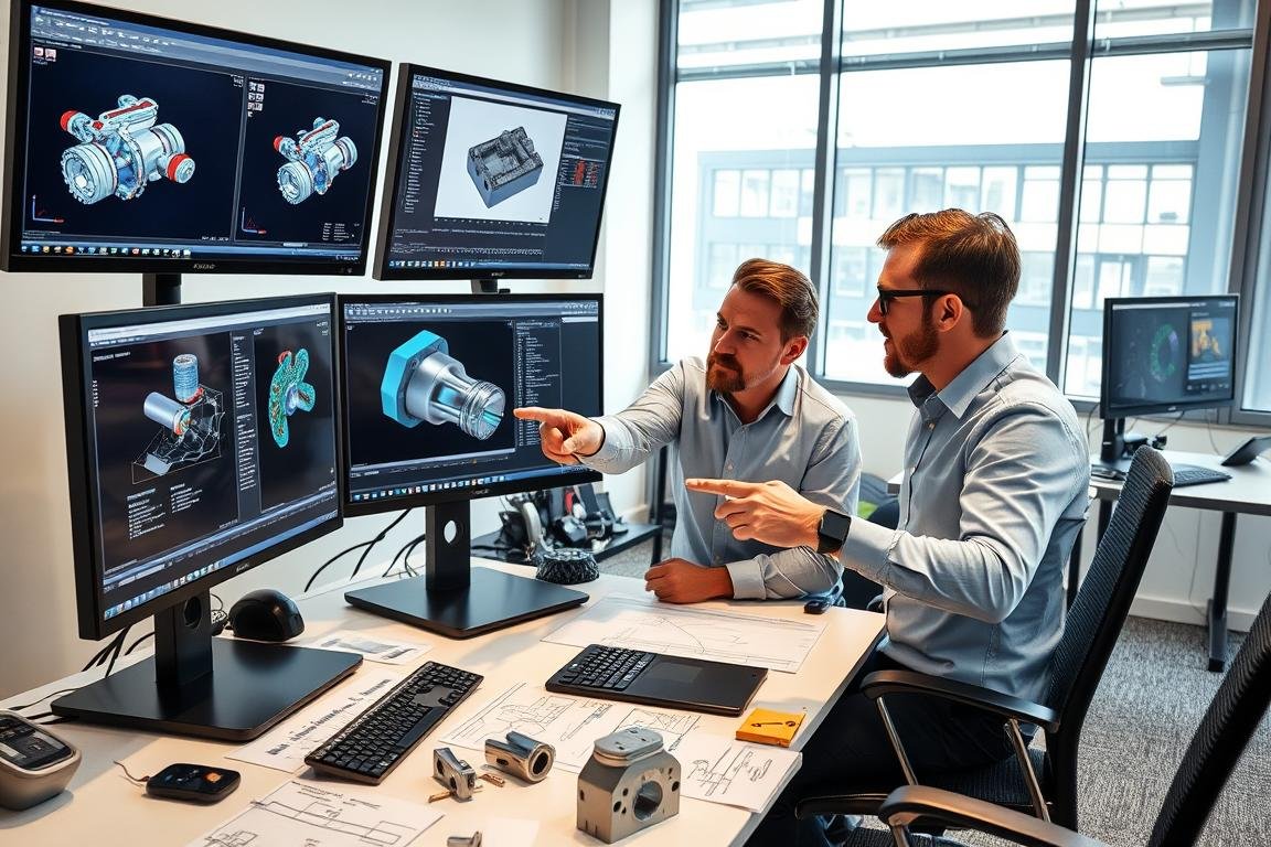 Engineers using CAD/CAM software for aluminum forging design