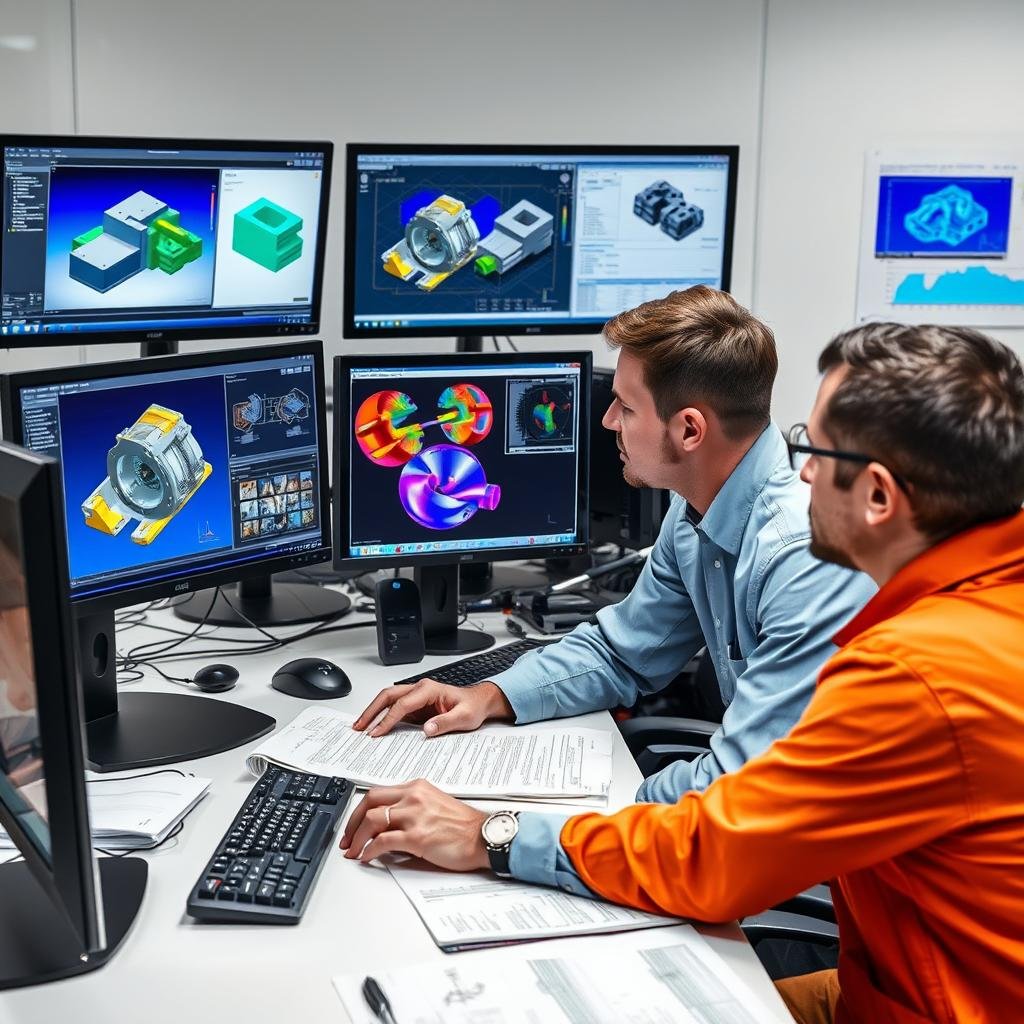 Engineers using CAD/CAM software for aluminum forging design Engineers using CAD/CAM software for aluminum forging design