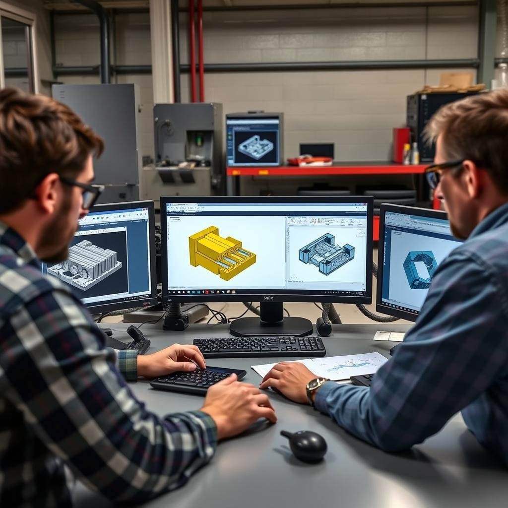 Engineers working on CAD design for billet machining