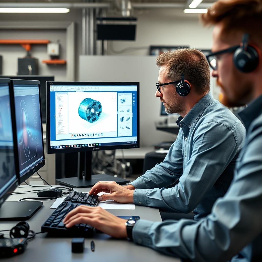 Engineers working on CAD design for metal forging